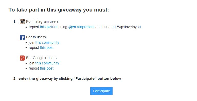 Now Facebook, Instagram and Google+ users are able to take part in our free giveaways